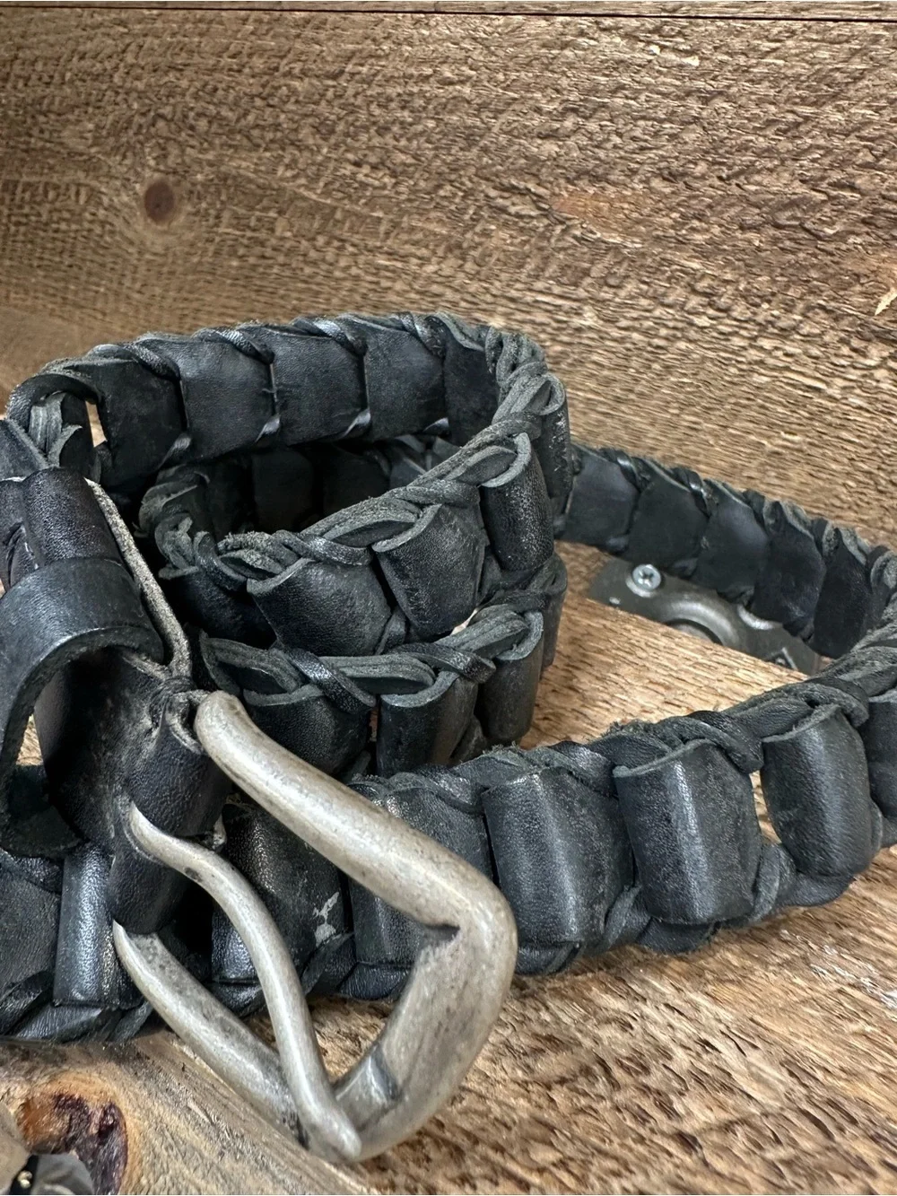 Vintage Handmade Woven Leather Belt Black | Solid Brass Buckle | Made in Guatema